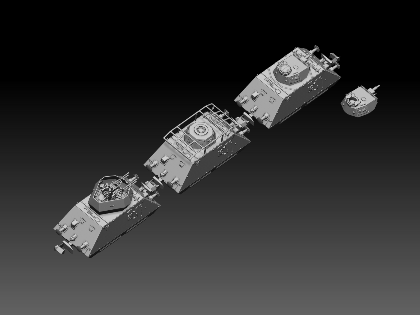 HINODE Nゲージ化 レジンキット 未塗装 ドライジーネ 重装甲偵察列車 3両セット III号戦車砲塔&ヴィルベルヴィント&指揮車 - 画像 (3)